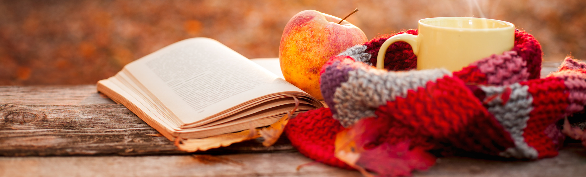 Herbst-Buch-Apfel-Schal-Heißgetränk-Holzbank